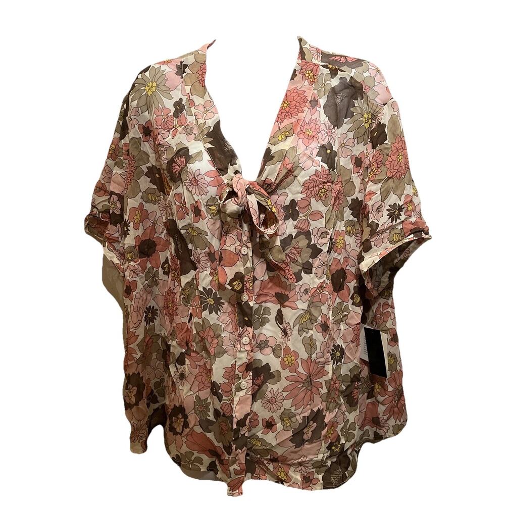 Rafaella Vtg 100% Silk Sheer Floral Tie Front Blouse Womens 20 NWT Pink Beige